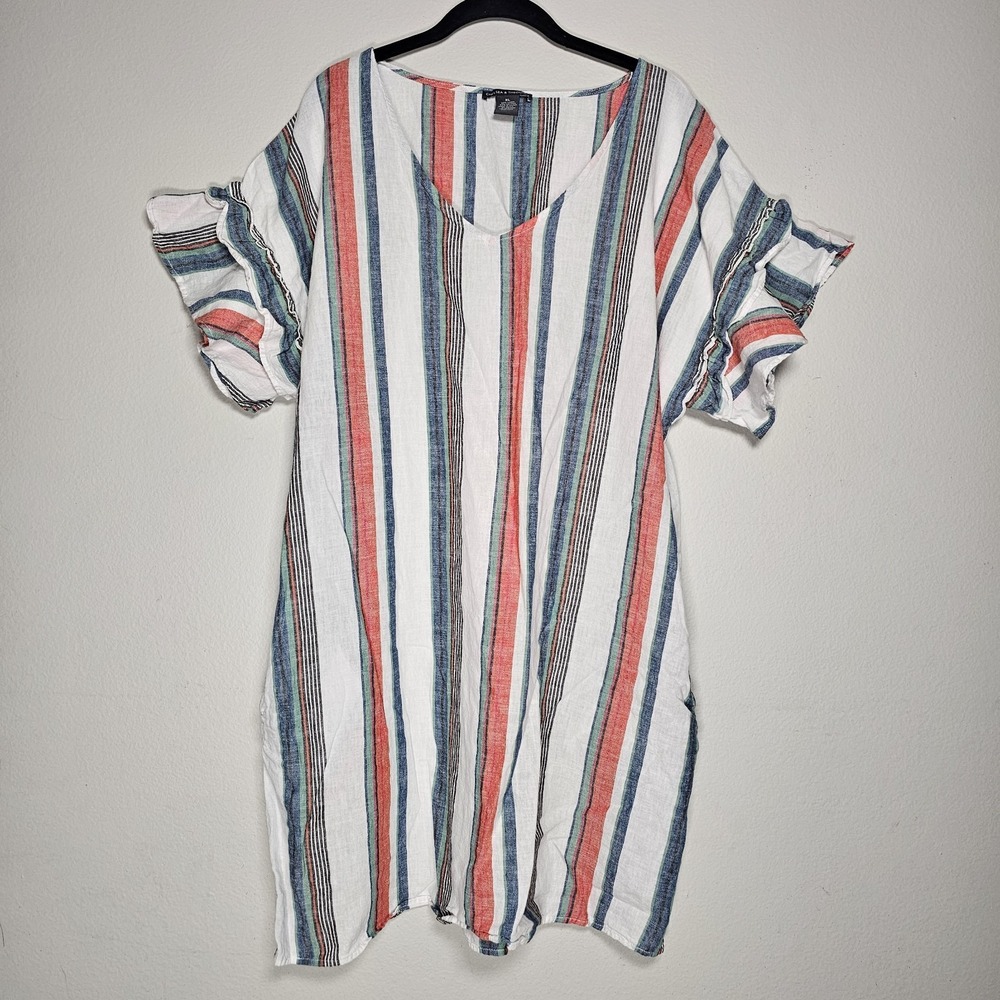 Chelsea &‎ Theodore XL Striped Linen Blend Dress Ruffled Sleeve Lagonlook